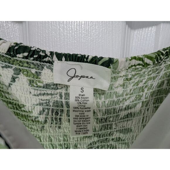 Tropical Palm Print Mini Dress Size S | Off Shoulder Smocked Puff Sleeve Japna - Picture 5 of 10